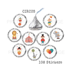 May include: 108 Circus themed stickers featuring a variety of circus animals and objects, including a lion, elephant, monkey, clown, tent, and ringmaster. The stickers are printed on silver glitter paper and are perfect for decorating party favors, gifts, or other items.