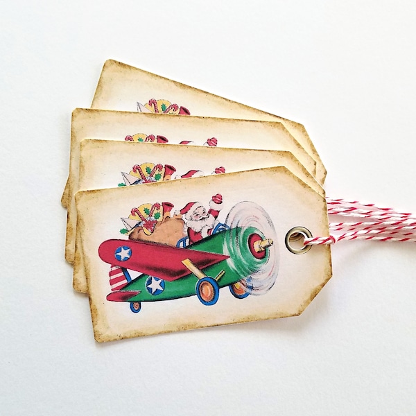 Santa Airplane Tags, Patriotic Santa, Retro, 1940 Vintage Santa, Military Plane, Christmas, Special Delivery, Gift Tags, Favor Bag Tag