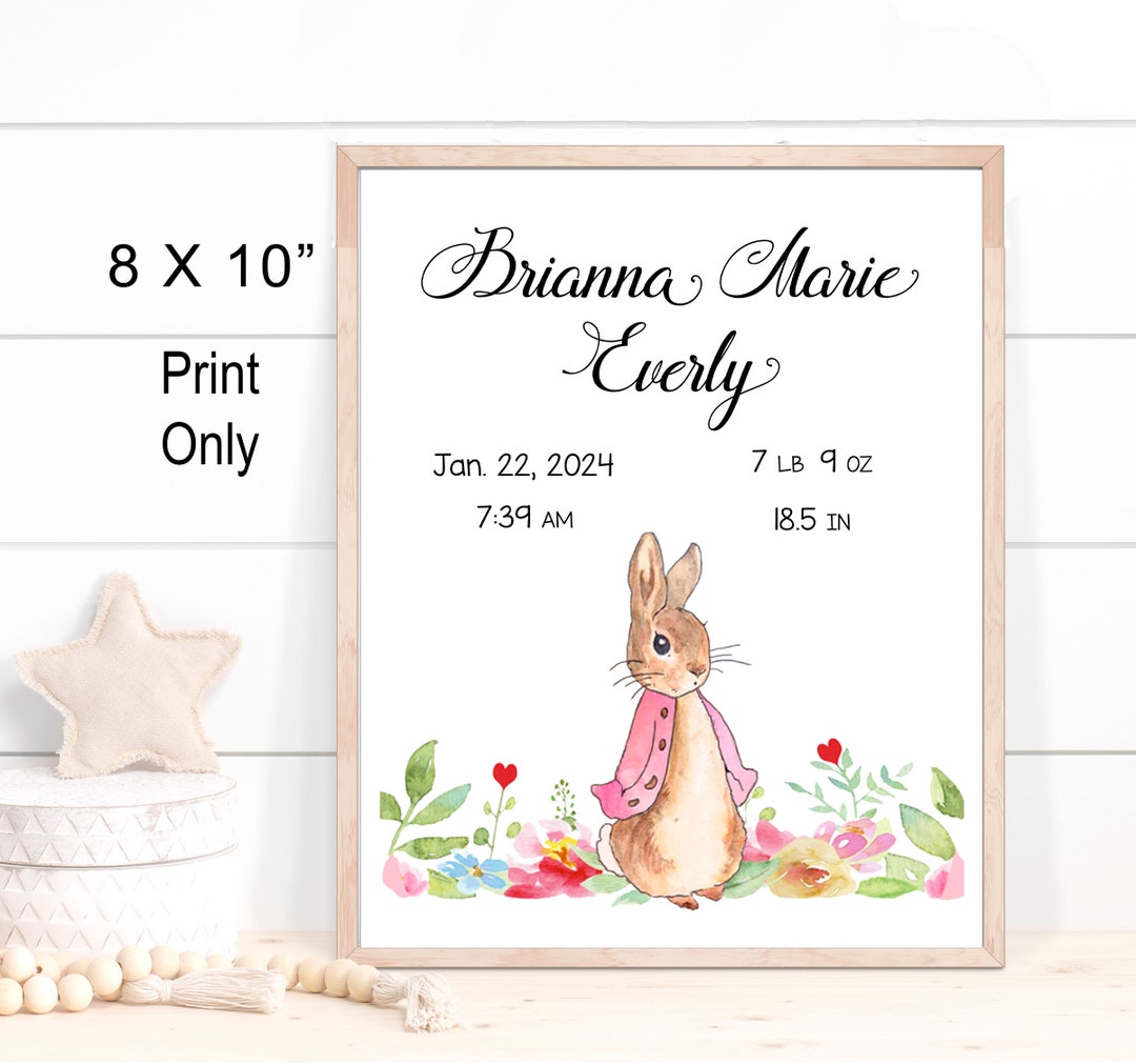 Flopsy Rabbit Printable Flopsy Rabbit Personalized Print: Baby Birth Nursery Decor (8x10