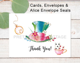 Alice in Wonderland, Mad Hatter Hat, Thank You Cards, Baby Shower, Bridal Shower, Tea Party, Birthday, 5.5x4.25, Envelopes & Seals included