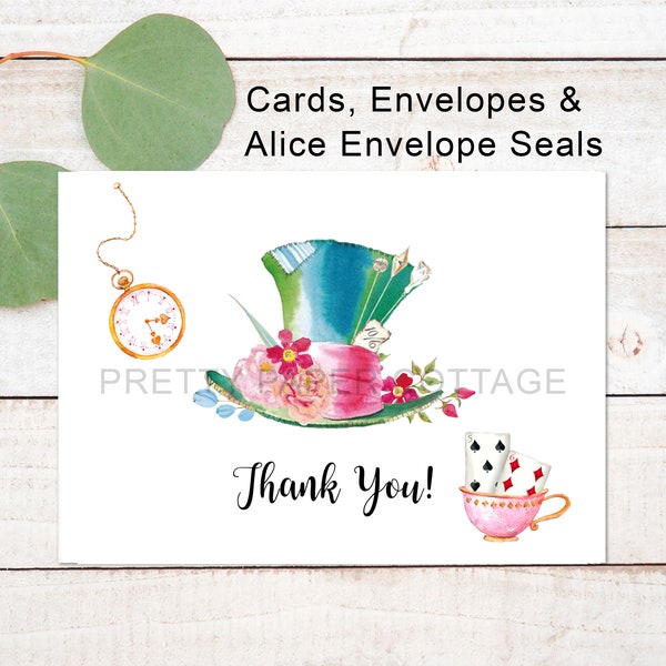 Alice in Wonderland, Mad Hatter Hat, Thank You Cards, Baby Shower, Bridal Shower, Tea Party, Birthday, 5.5x4.25, Envelopes & Seals included