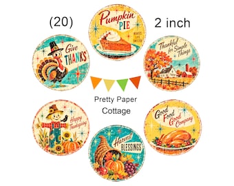 Pegatinas retro de Acción de Gracias: (20) de 2 pulgadas por hoja, para proyectos de manualidades, tarjetas, envíos incluidos.