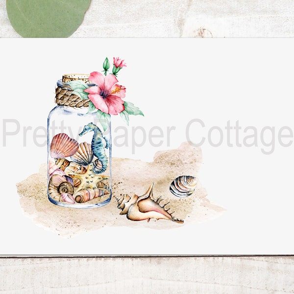 Seashells in a Jar, Note Cards, Beach Theme, Summer, Beach, Seaside, Ocean, 5.5x4.25 with Envelopes