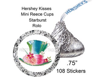 Alice, Mad Hatter Hat, Hershey Kiss Stickers, Party Favors, Birthday Party, Baby Shower, Bridal Shower, Envelope Seals, 108 Stickers