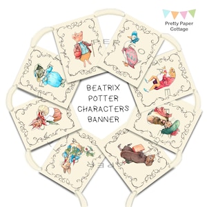 May include: A Beatrix Potter character banner with eight flags featuring different characters from her books. The flags are cream colored with black borders and feature illustrations of Peter Rabbit, Jemima Puddle-Duck, Mrs. Tiggy-Winkle, Squirrel Nutkin, Benjamin Bunny, Tom Kitten,  Mr. McGregor, and the Tailor of Gloucester.