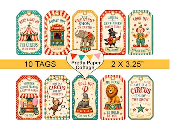 Retro Circus Gift Tags: Birthday, Party Favors, Crafts, (10) 2 x 3.25 in.