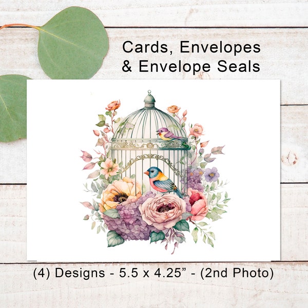 Bird Cage, Note Cards, Bird Theme, Cards,  Birds and Flowers, 5.5 x 4.25 with Envelopes & Envelope Seals