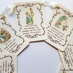 BANNER KIT, Peter Rabbit, Beatrix Potter, Story Book Quotes, Baby Shower, Birthday, Banner, Ribbon Matches Cardstock. 8 Cards, 4.35x5.5 in. image 3