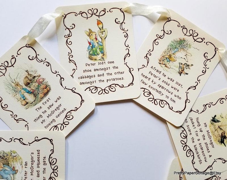 BANNER KIT, Peter Rabbit, Beatrix Potter, Story Book Quotes, Baby Shower, Birthday, Banner, Ribbon Matches Cardstock. 8 Cards, 4.35x5.5 in. image 3