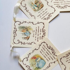 BANNER KIT, Peter Rabbit, Beatrix Potter, Story Book Quotes, Baby Shower, Birthday, Banner, Ribbon Matches Cardstock. 8 Cards, 4.35x5.5 in. image 2