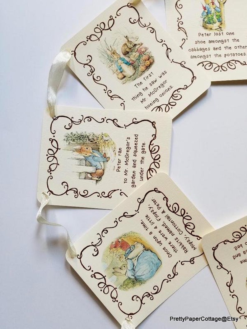 BANNER KIT, Peter Rabbit, Beatrix Potter, Story Book Quotes, Baby Shower, Birthday, Banner, Ribbon Matches Cardstock. 8 Cards, 4.35x5.5 in. image 2