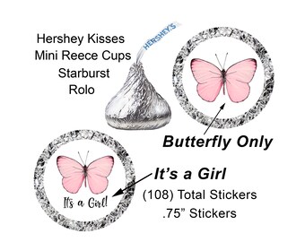 Pink Butterfly Baby Girl Stickers: Announcement Party Favors (108) .75 inch
