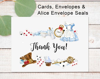 Alice in Wonderland, Thank You Cards, Envelopes, Envelope Seals, Baby Shower, Bridal Shower, Tea Party, Birthday, Size: 5.5 x 4.25