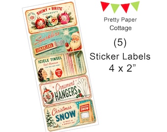 Christmas Vintage Decoration Labels: Holiday Craft Stickers (5) 4 x 2 inches