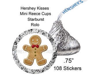 Gingerbread Man, Christmas Stickers, Hershey Kisses, Candy Stickers, Christmas Party Favors, Label, Envelope Seals, (108) .75 inches