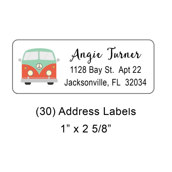Retro Vintage Hippie Bus, Address Labels, (30) 1x2.65 inches, Personalized, Hippie Theme, Return Labels, Mailing Labels, Rectangle Labels