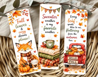 Fall Bookmarks: Party Favors, Gift Tags,  Crafts, 5 Printable, 2 x 6"