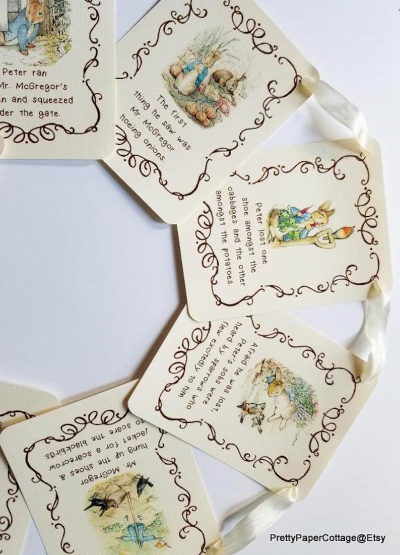 BANNER KIT, Peter Rabbit, Beatrix Potter, Story Book Quotes, Baby Shower, Birthday, Banner, Ribbon Matches Cardstock. 8 Cards, 4.35x5.5 in. image 4