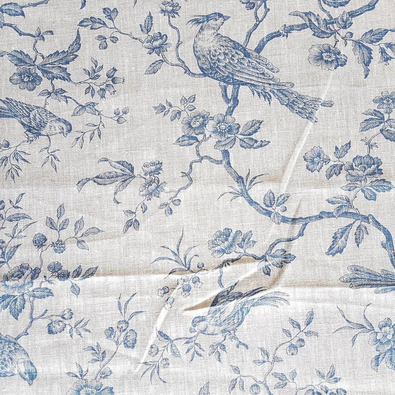 Pure linen fabric Bird on branches denim blue lovely toile Etsy