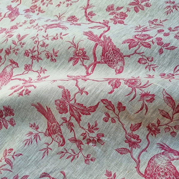 Pure linen fabric Bird on branches; lovely toile birds printed fabric 100% pure linen 60 inches wide