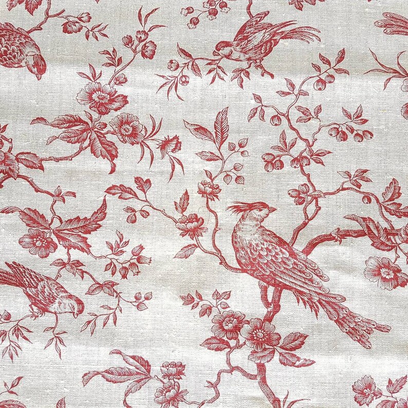 Pure linen fabric Bird on branches burgundy red lovely toile Etsy