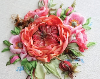 FRAMED Coral Old English Rose and Pink Dog roses picture, Silk Ribbon Embroidery, Elegant Embroidery, Realistic Embroidery, Floral Decor