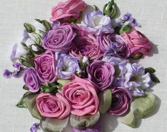 Pink Delight Bouquet Roses & Lisianthus Eustoma Silk Ribbon Embroidery Textile Wall Art Wedding Bouquet Elegant Realistic Embroidery Vintage