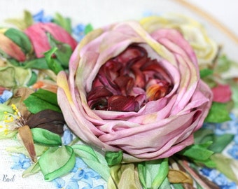 Old English Rose Purple Silk Ribbon Embroidery, Elegant Embroidery, Realistic Embroidery, Vintage Rose, Floral Home Decor