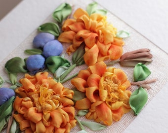 Marigolds and Sloe ribbon embroidery card handmade unique garden flower card wedding anniversary, birthday art card