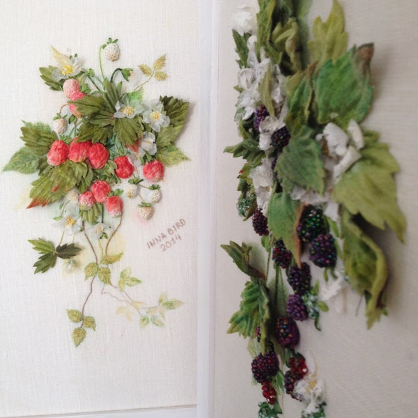 TWO Framed Tasty Strawberries & Bountiful Blackberries Ribbon Embroidery Pictures Textile Wall Art