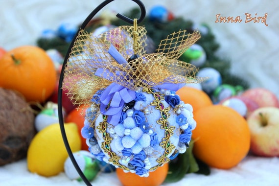 Blue Christmas Silk Ribbon Embroidered Ball Handmade Ornament Decoration Wedding Gift Birthday Anniversary Housewarming gift unique bauble