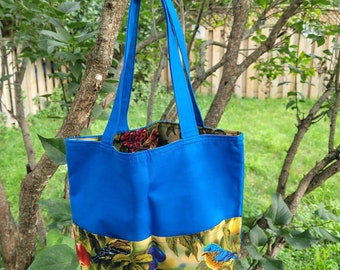 Birds and Berries, Tote Bag, Reusable Grocery Bag, Shopping Bag, Summer Bag, Handles measure 16.5", 100 % cotton,