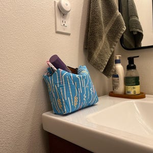 Printed Makeup Bag, Quilted Cosmetics Pouch, Blue Toiletry Bag