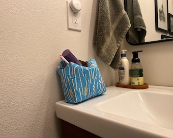 Printed Makeup Bag, Quilted Cosmetics Pouch, Blue Toiletry Bag