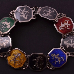 Silver, Enamel And Niello Vintage Siamese Bracelet (172d)