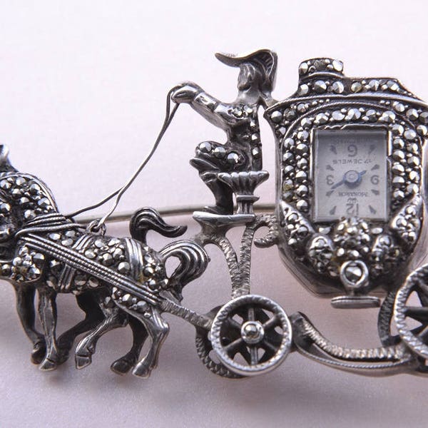 Silver 1950's Horse And Carriage Monarch Brooch / Watch With Marcasite (603g)