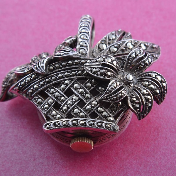 Silver 1950's Flower Pendant / Watch With Marcasite (903t)