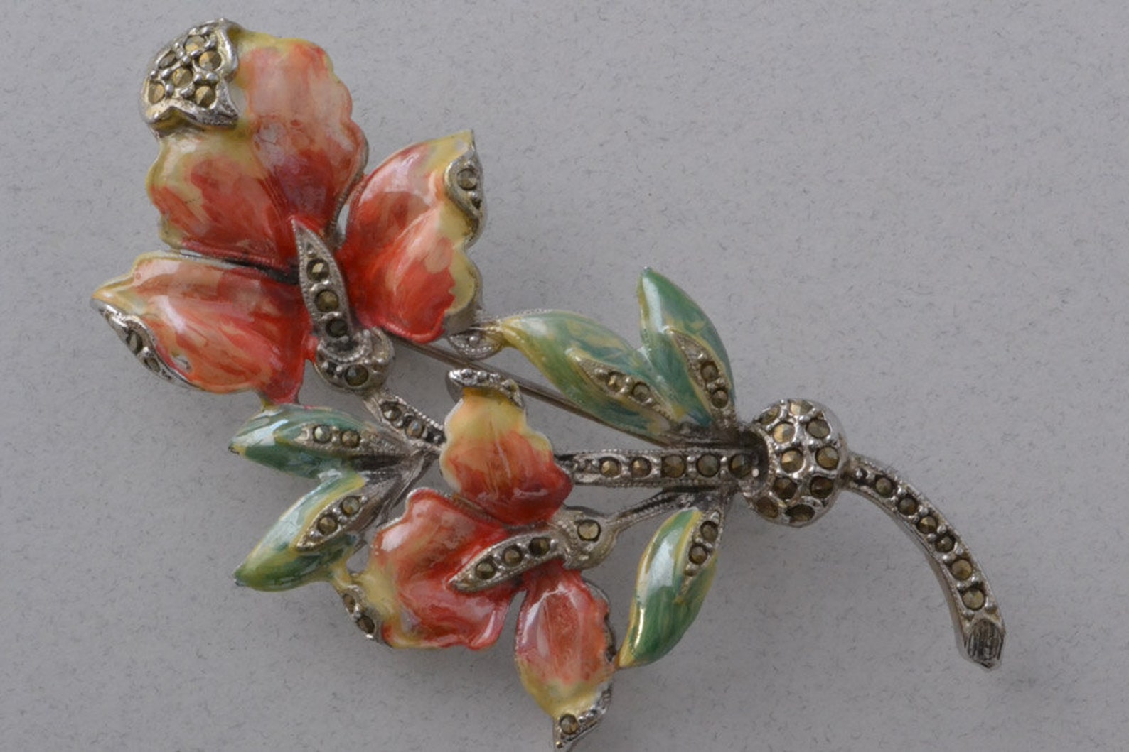 Vintage Floral Brooch With Enamel and Marcasite 2034 - Etsy