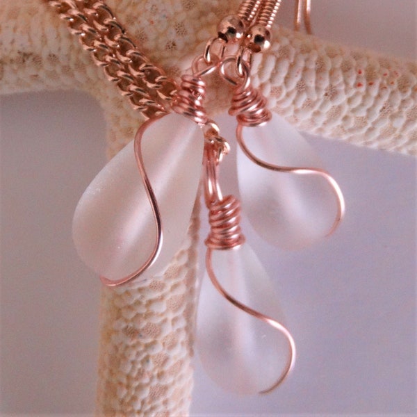 ROSE GOLD wrapped Cultured sea glass petite teardrop set of crystal white beads hand wrapped with rose gold plated wire.