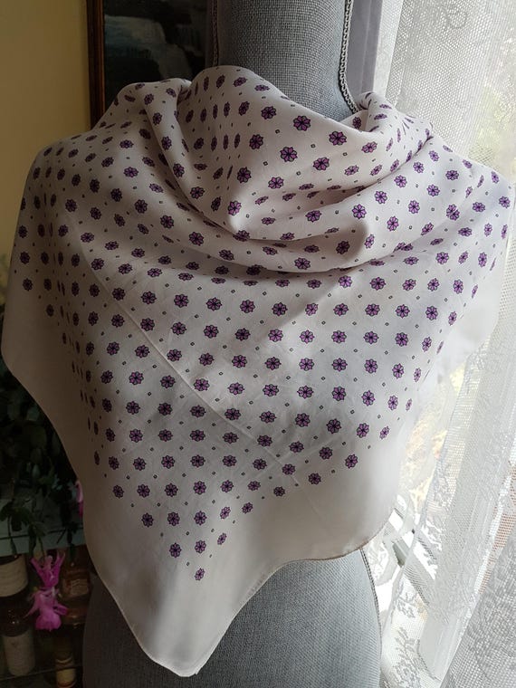 VINTAGE Swiss Silk Scarf, Beautiful Tiny Gray and Purple Flowers on Cream Silk, 26 by 26 inches, Gift For Her, Collectible Vintage Scarves