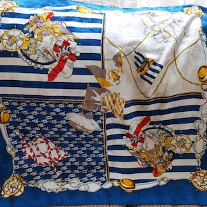 Vintage Silk Scarf, Nautical Theme Scarf,Lovely Vivid Colors, Blue, White,Red and Gold, 33 by 34 inches,Vintage Scarves, Gift Worthy