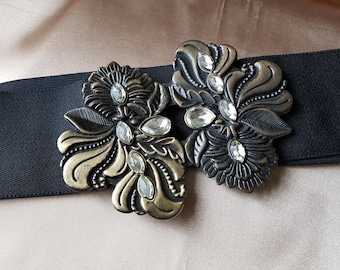 FABULOUS Vintage 1990s Cinch Belt, Metal and Rhinestone Buckles, Black Elastic Belt, Evening or Statement Day Stretch Belt, Vintage Clothing