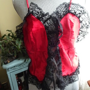 VINTAGE Steaming Hot Silky Corset Style Front Tie Top,Cami Top, Evening Top,Red and Black Lace, Sheer Back,Gift Worthy ,80s Vintage Clothing
