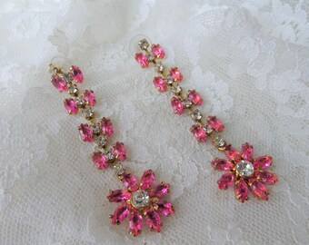 MAGNIFIQUES boucles d’oreilles Drop, strass roses et blancs, boucles d’oreilles longues pendantes, style glam pur, boucles d’oreilles percées, bijoux vintage