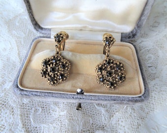 Boucles d'oreilles en pierre de verre glamour, boucles d'oreilles pendantes, boucles d'oreilles dorées, mariée, bijoux vintage de collection