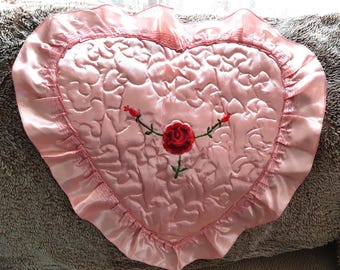 BEAUTIFUL Heart Shape Boudoir Pillow Cushion Cover,Pink Quilted Satin, Embroidered Ruffled Pillow Sham, Coquette Decor, Decorative, Romantic