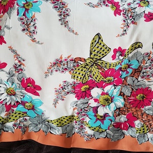 VINTAGE Silk Scarf, Beautiful Bold Flowers and Bows Ribbons, Lovely Vivid Colors, 36 by 32 inches, Gift For Her, Collectible Vintage Scarves