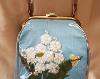FABULOUS Vintage 50s FLORAL Hand Bag Purse,LUCITE Handle, Blue Linen and Clear Plastic,Flowers,Bumble Bee, Butterfly,Mid Century Accessories