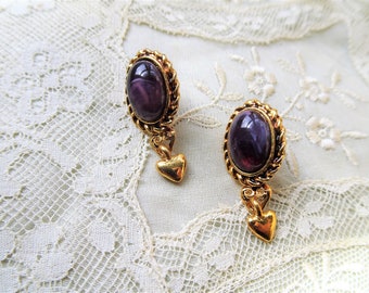 LOVELY Purple Glass and Gold Tone Metal, Boucles d'oreilles percées, Bijoux vintage de collection