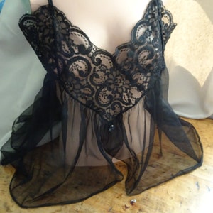 VINTAGE Dreamy Black Nylon and Lace Baby Doll Camisole , Cami, Top, Very Pretty , Size Medium, 1980s Vintage Clothing